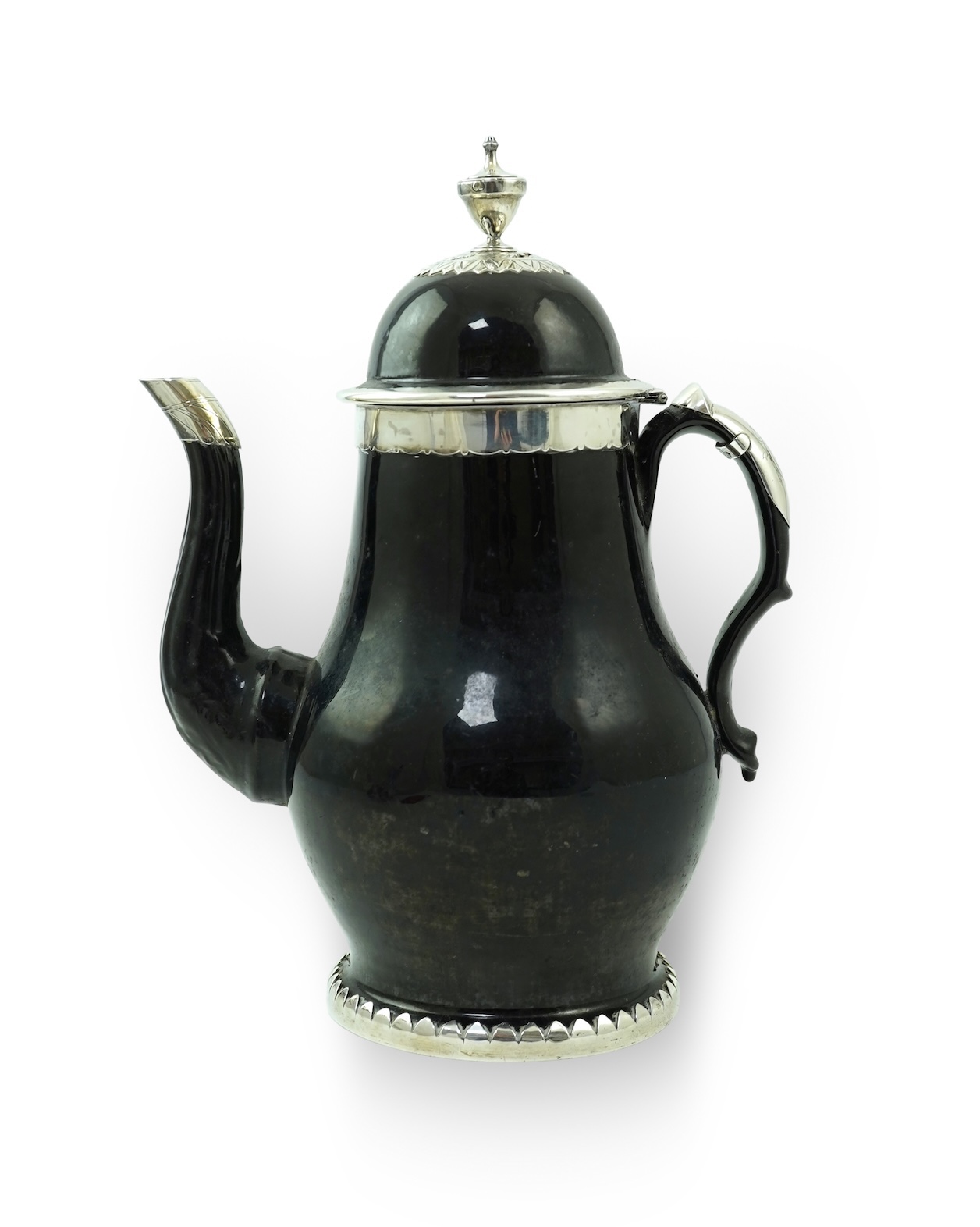 A Belgian silver mounted terre noire de Namur coffee pot, 18th century